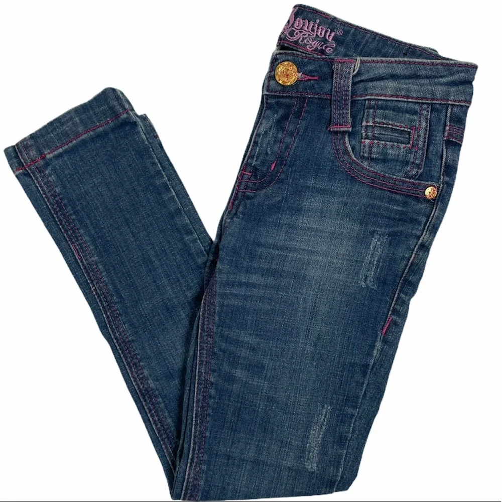 Vintage Y2K Jeans Pink Embroidered Distressed Medium Wash Denim Girls Size